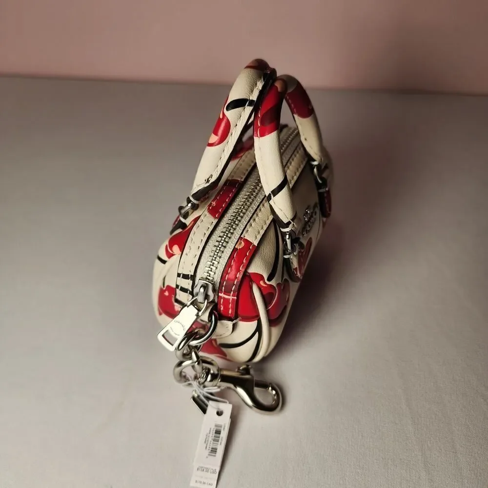 NWT Coach CZ082 Mini Rowan Bag Charm Chalk w/Red Cherry Print Leather